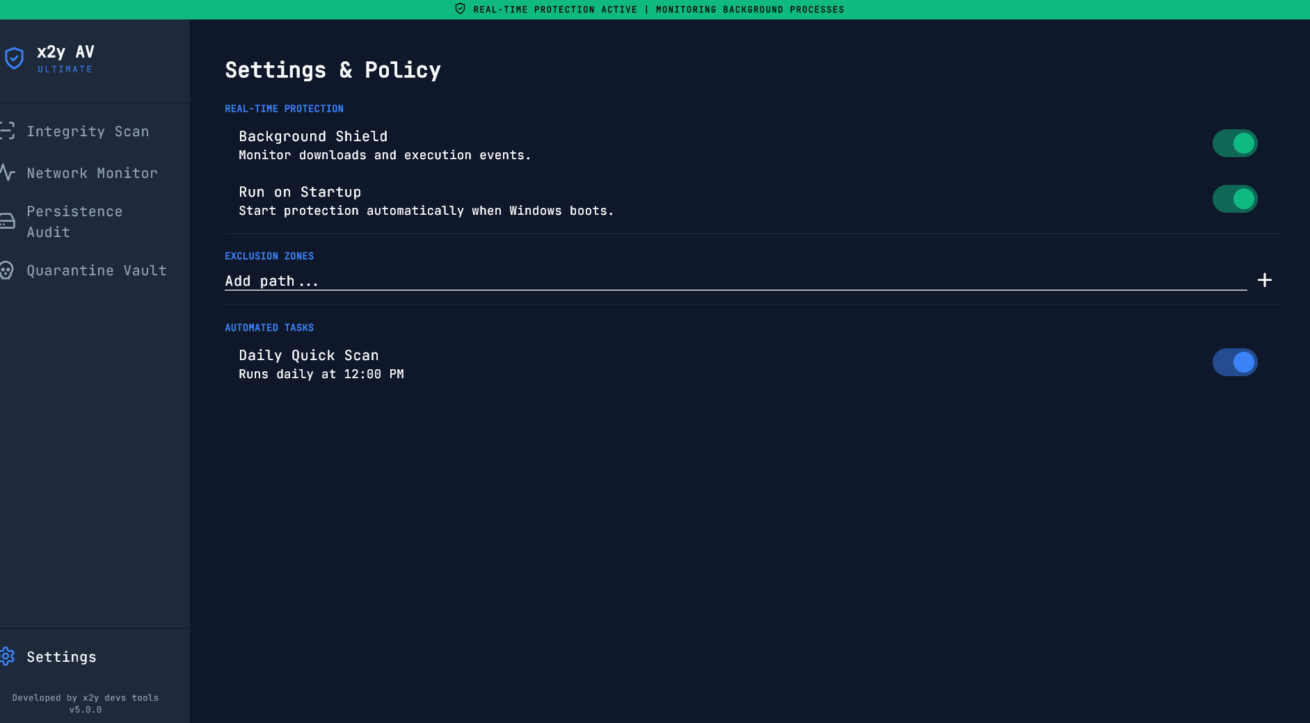 x2y AV Ultimate - Settings & Policy
