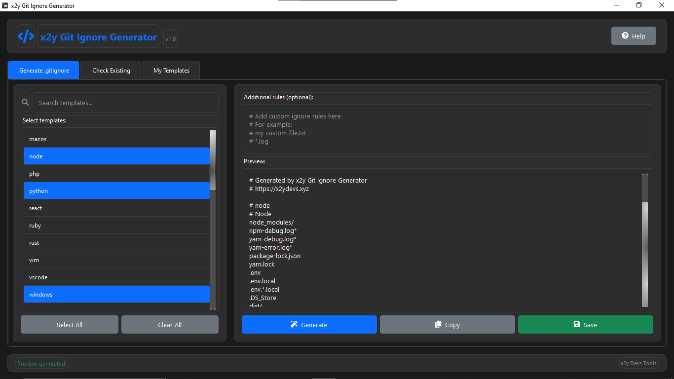 x2y GitIgnore Generator - Generate Tab with Template Selector